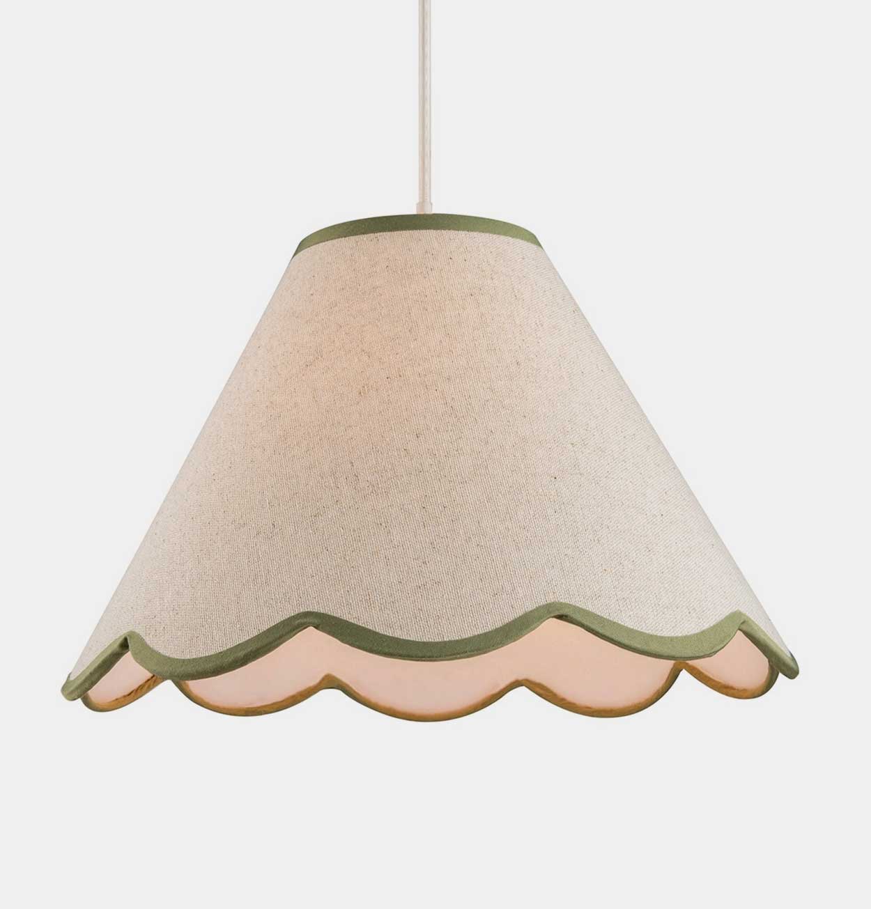 Scallop Edge Natural Linen Lampshade with Olive Green Trim