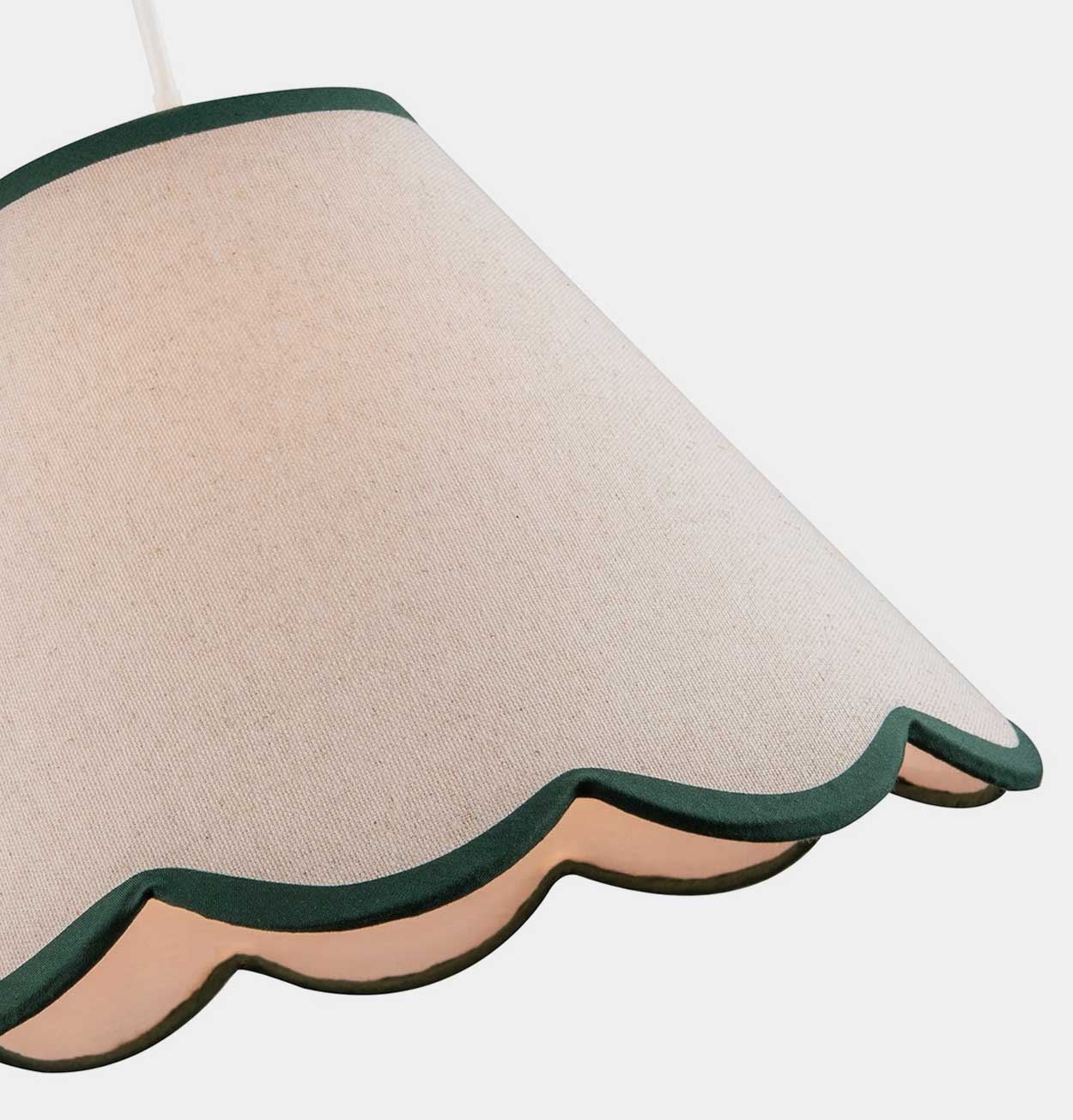Scallop Edge Natural Linen Lampshade with Dark Green Trim