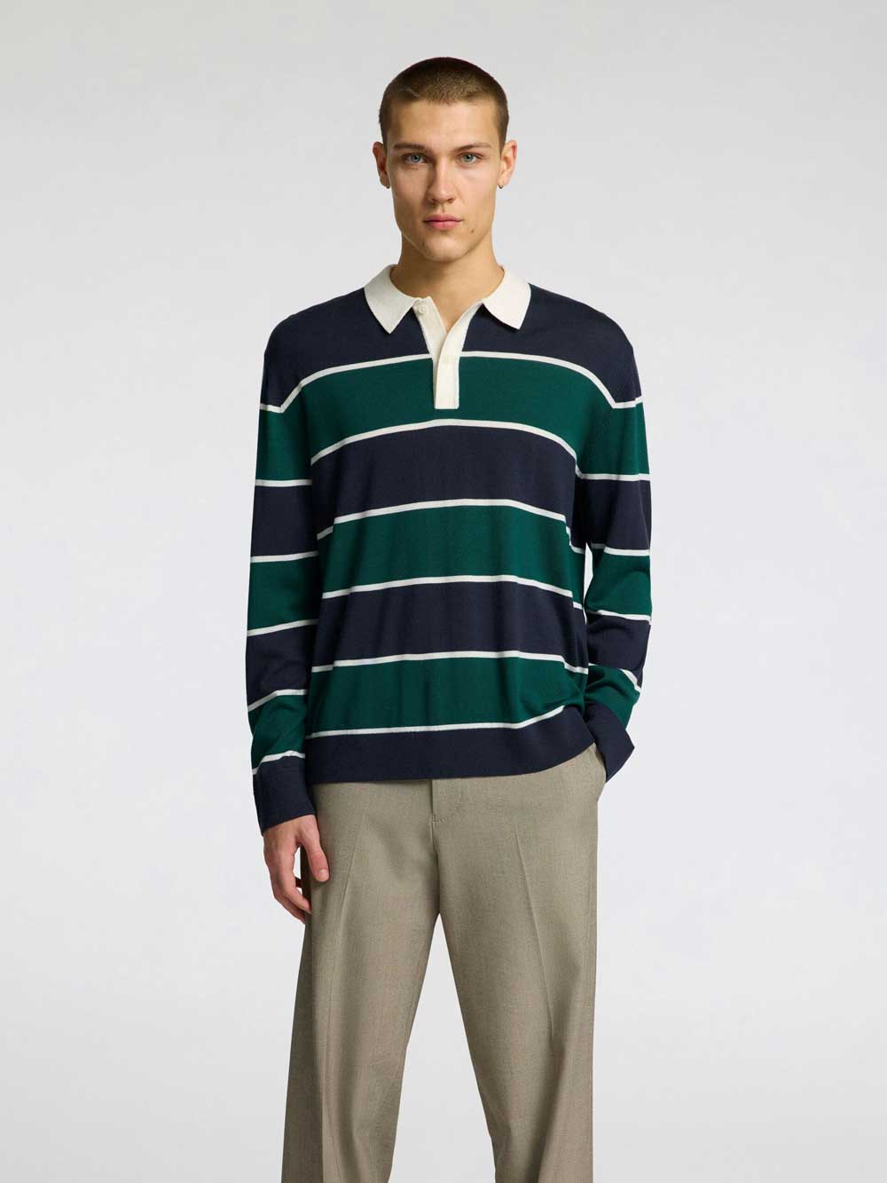 Selected Homme Merino Long Sleeve Striped Polo Top