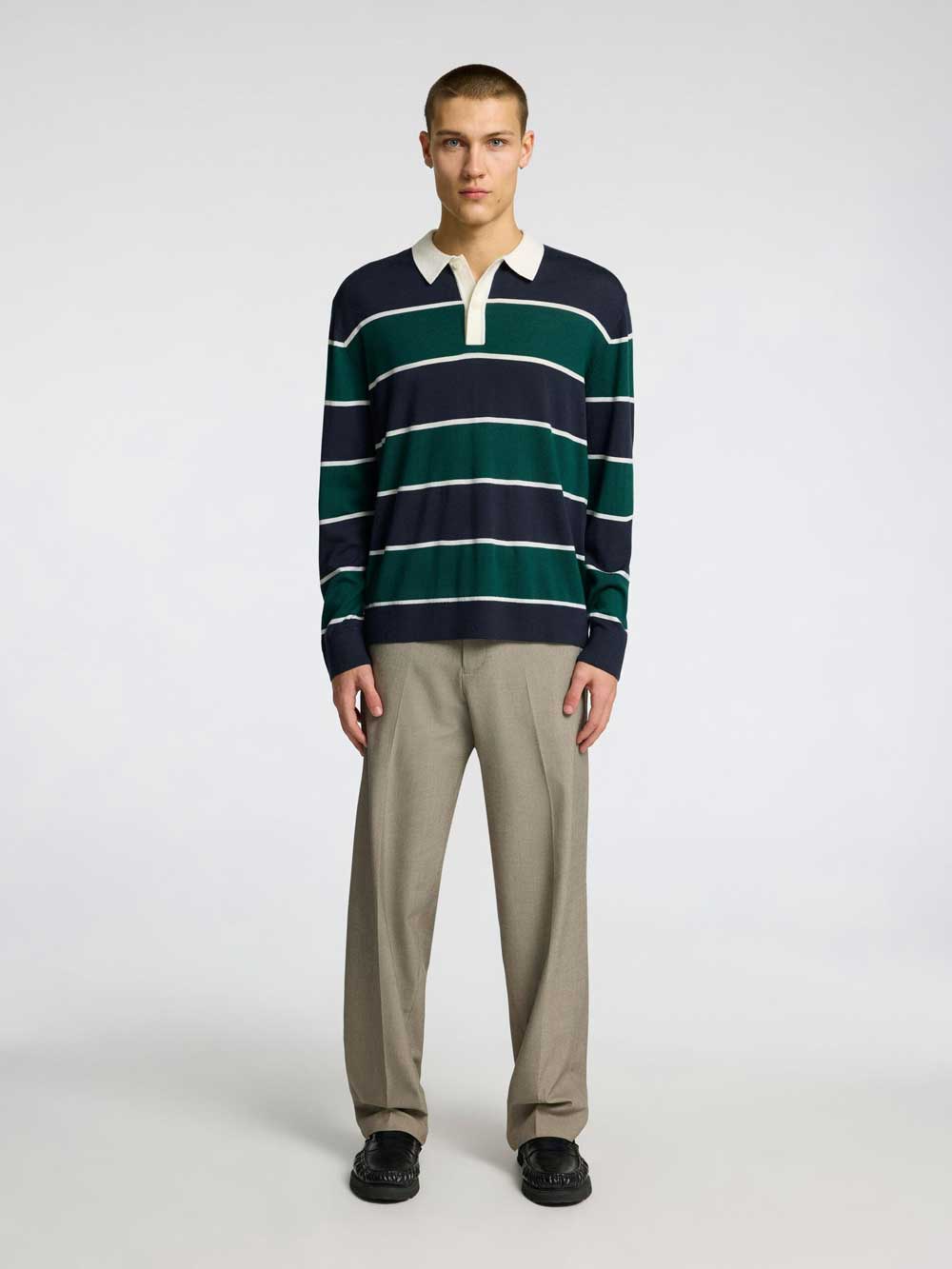 Selected Homme Merino Long Sleeve Striped Polo Top