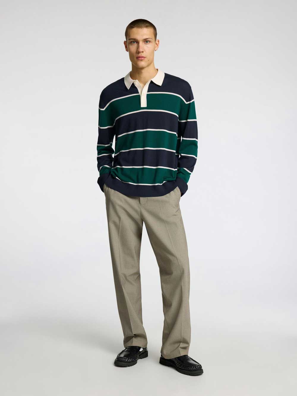 Selected Homme Merino Long Sleeve Striped Polo Top