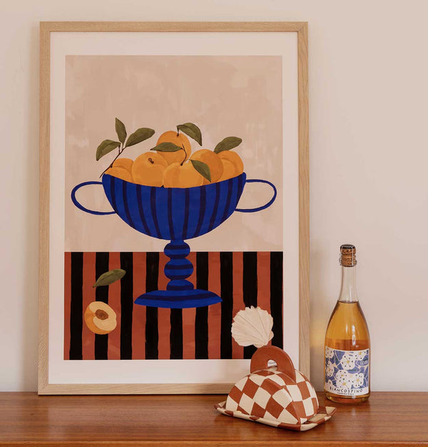 Frankie Penwill Print – Peaches in Striped Bowl