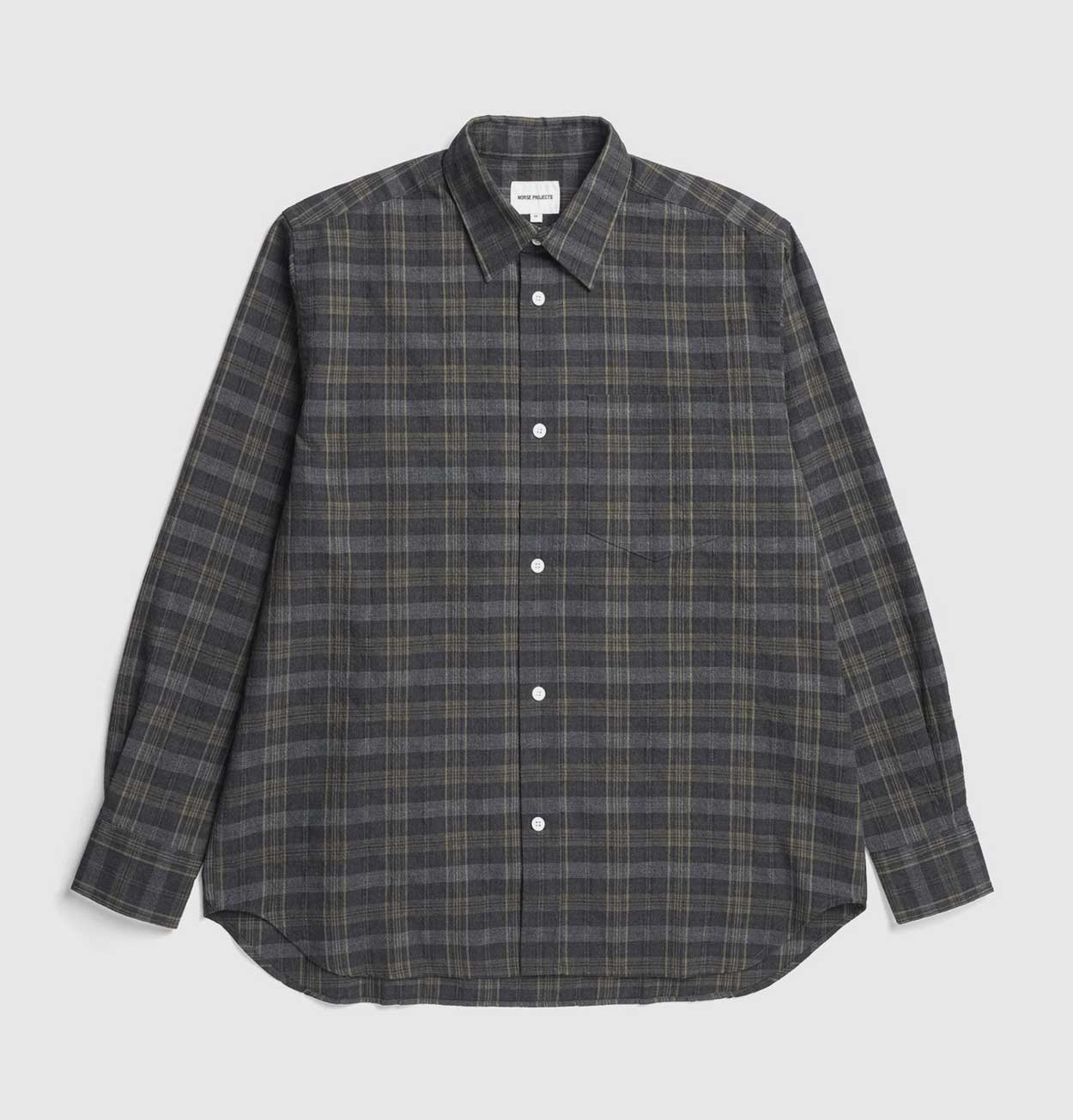 Norse Projects Ole Oversized Wool Check Shirt in Charcoal Grey