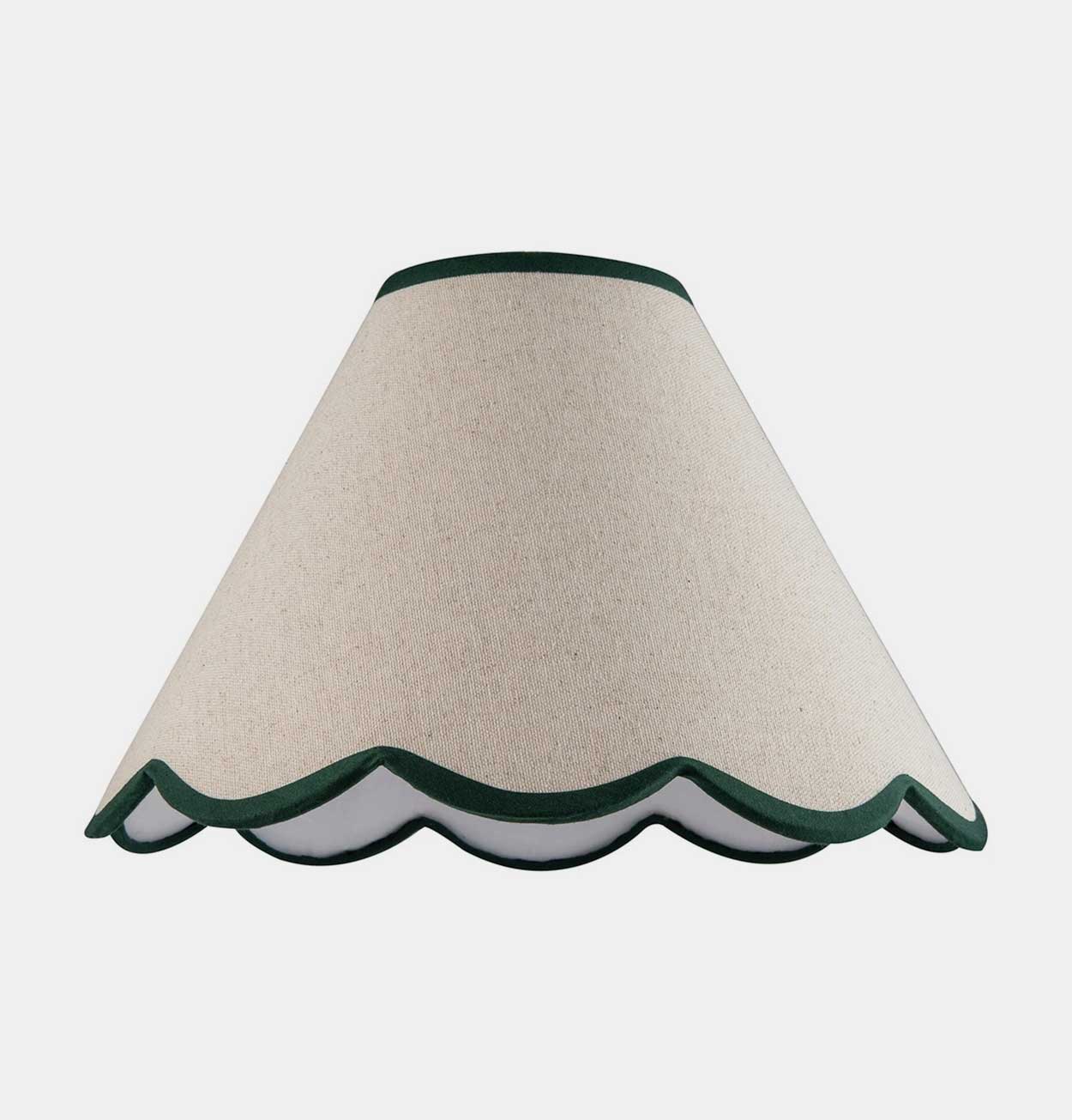 Scallop Edge Natural Linen Lampshade with Dark Green Trim