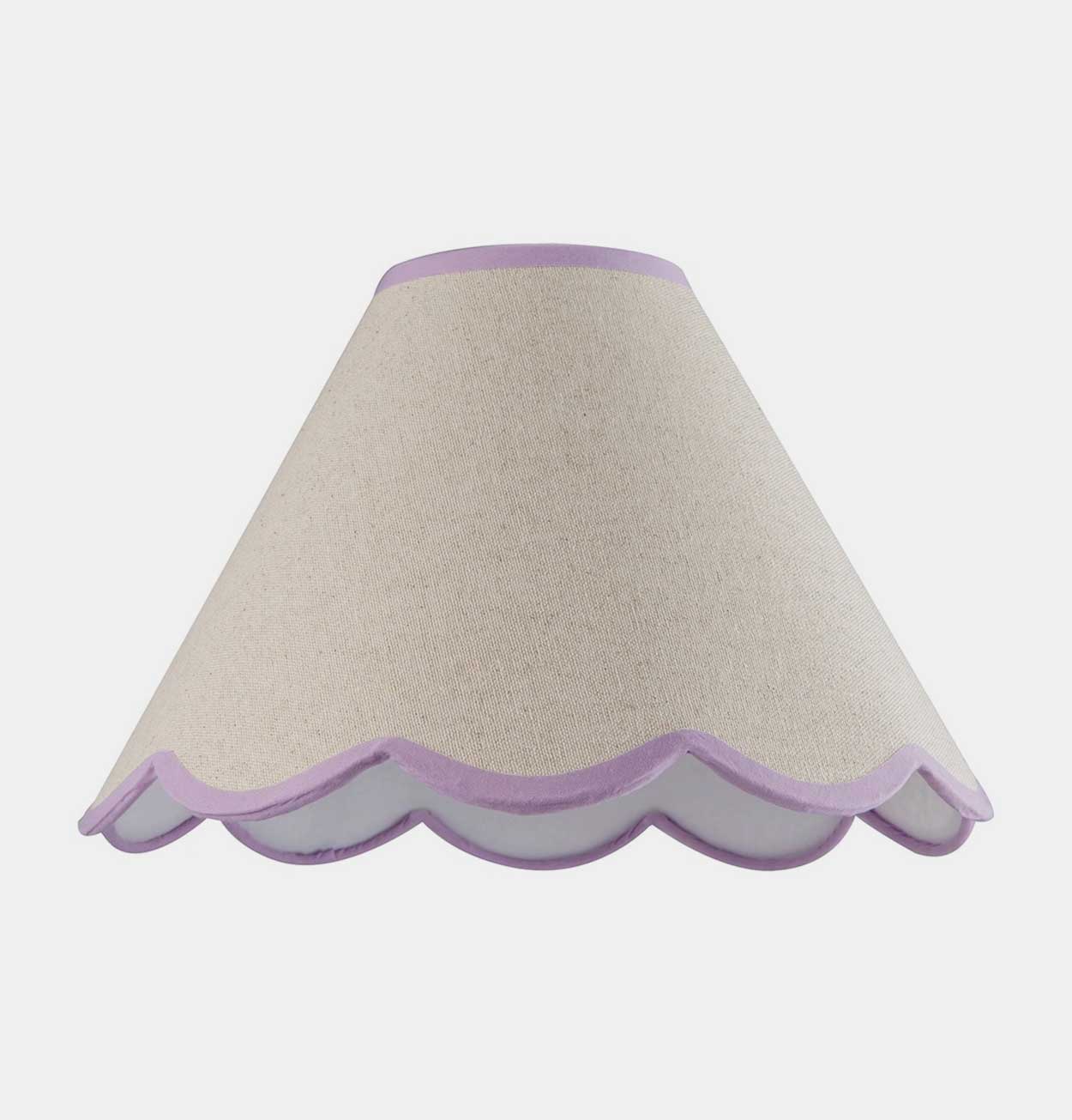 Scallop Edge Natural Linen Lampshade with Lilac Trim