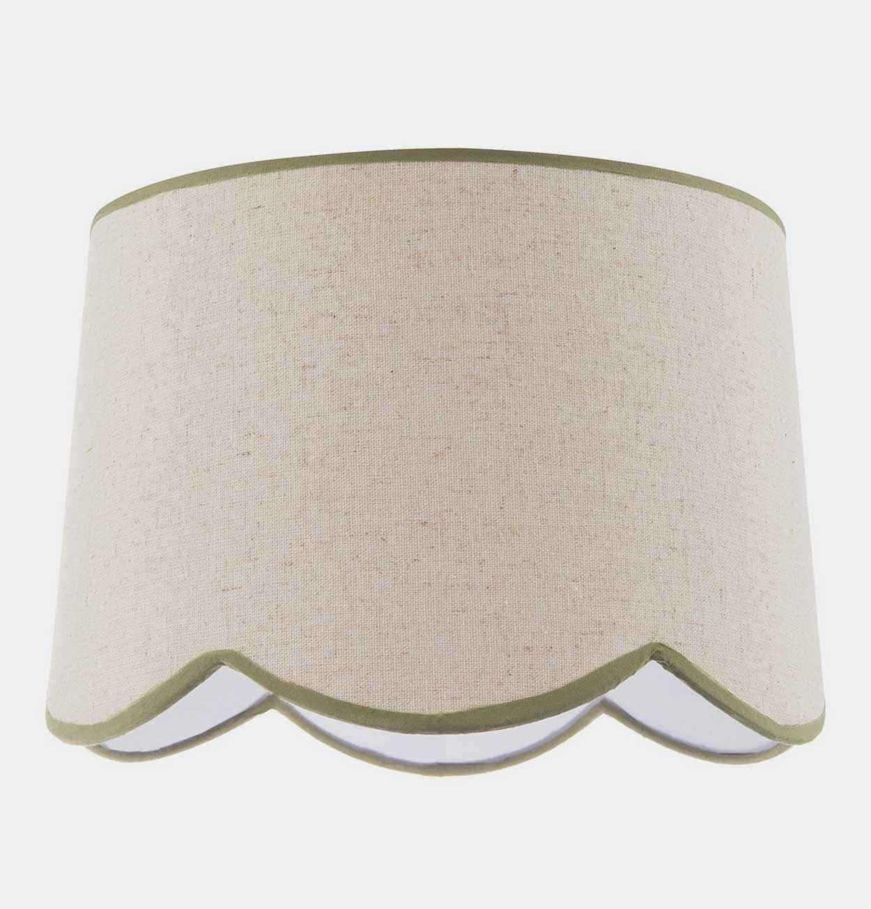 Scallop Edge Natural Linen Lampshade with Olive Green Trims