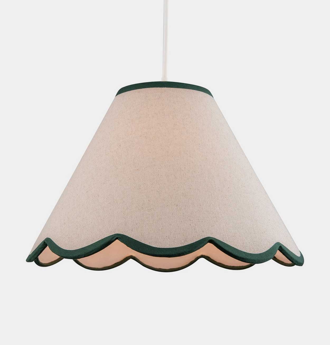 Scallop Edge Natural Linen Lampshade with Dark Green Trim