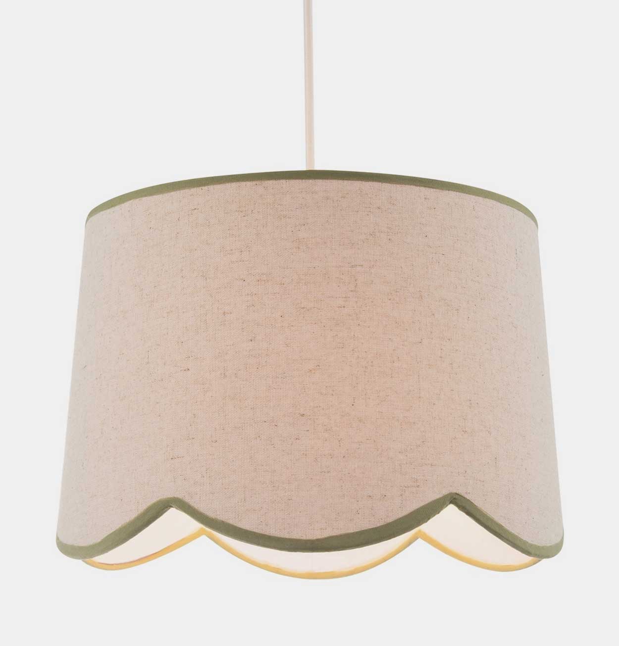 Scallop Edge Natural Linen Lampshade with Olive Green Trims