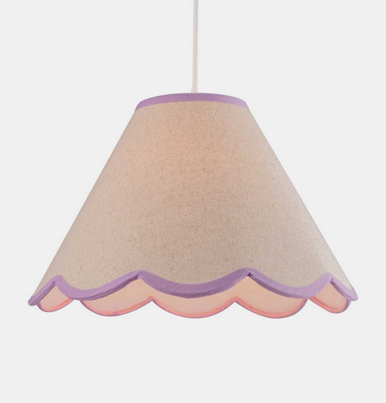 Scallop Edge Natural Linen Lampshade with Lilac Trim