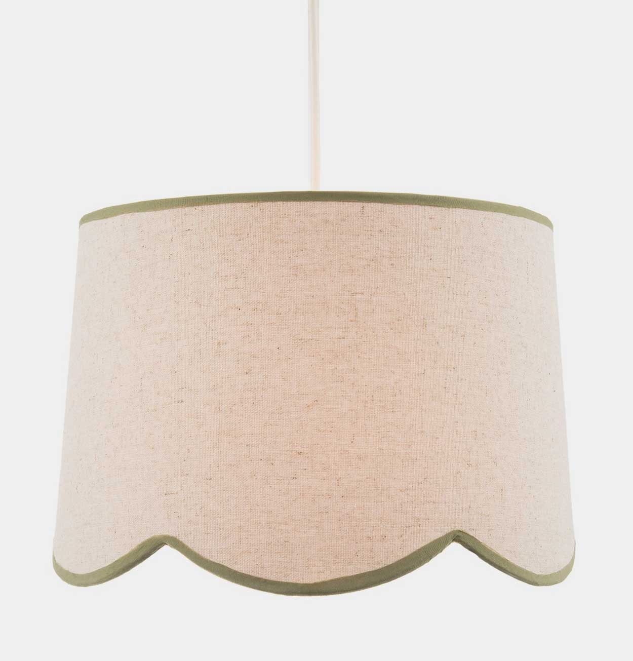 Scallop Edge Natural Linen Lampshade with Olive Green Trims
