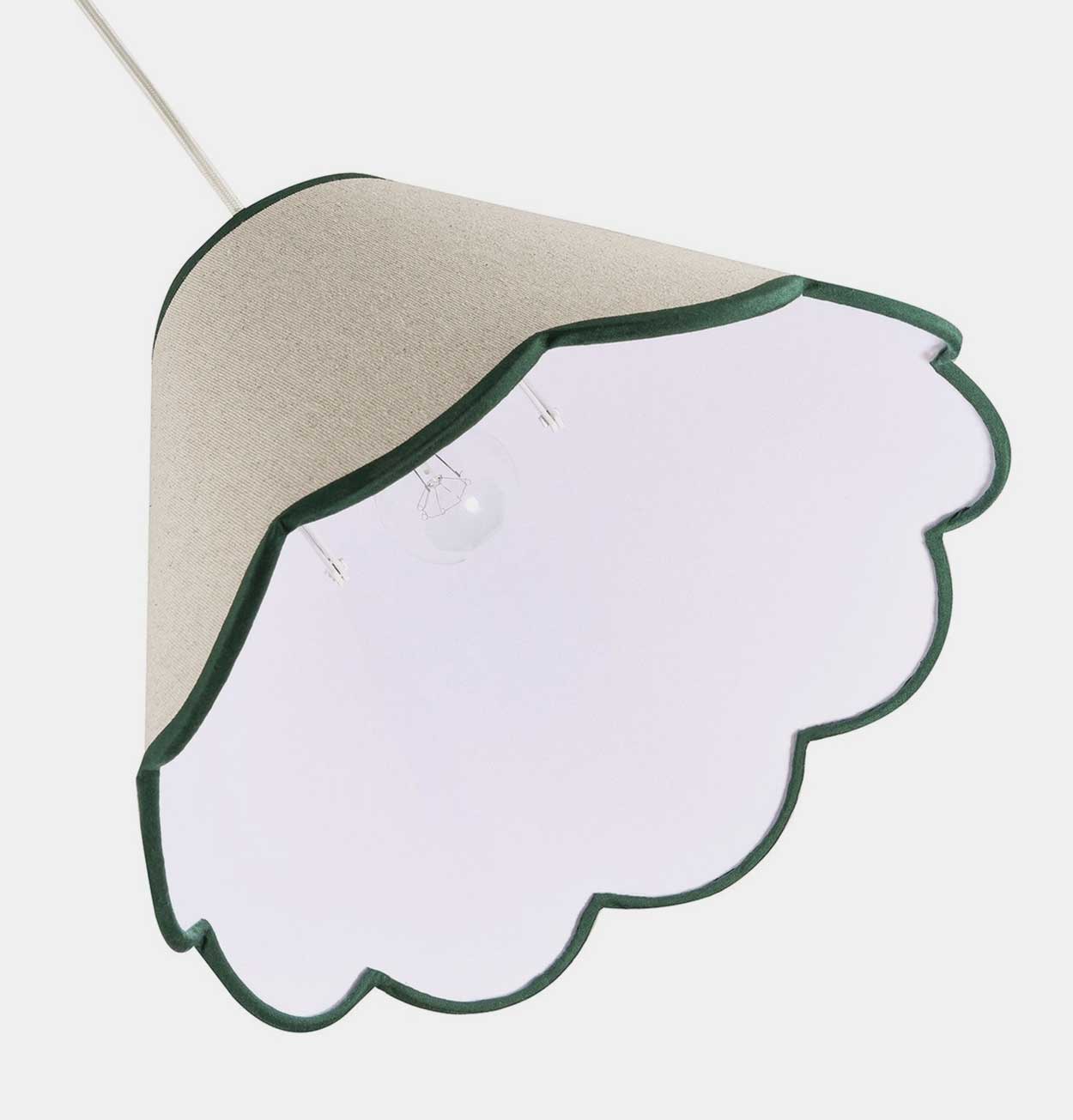 Scallop Edge Natural Linen Lampshade with Dark Green Trim