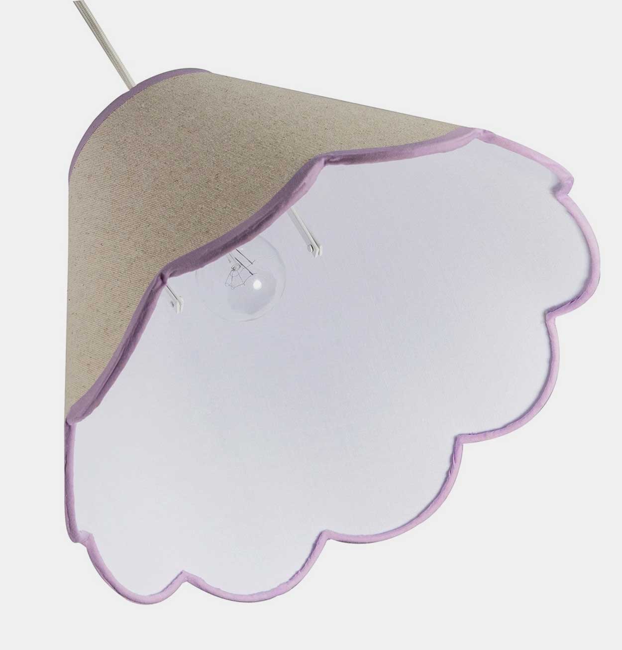 Scallop Edge Natural Linen Lampshade with Lilac Trim