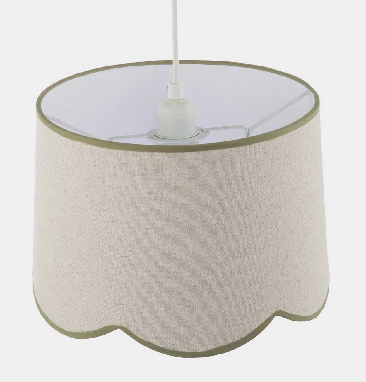 Scallop Edge Natural Linen Lampshade with Olive Green Trims