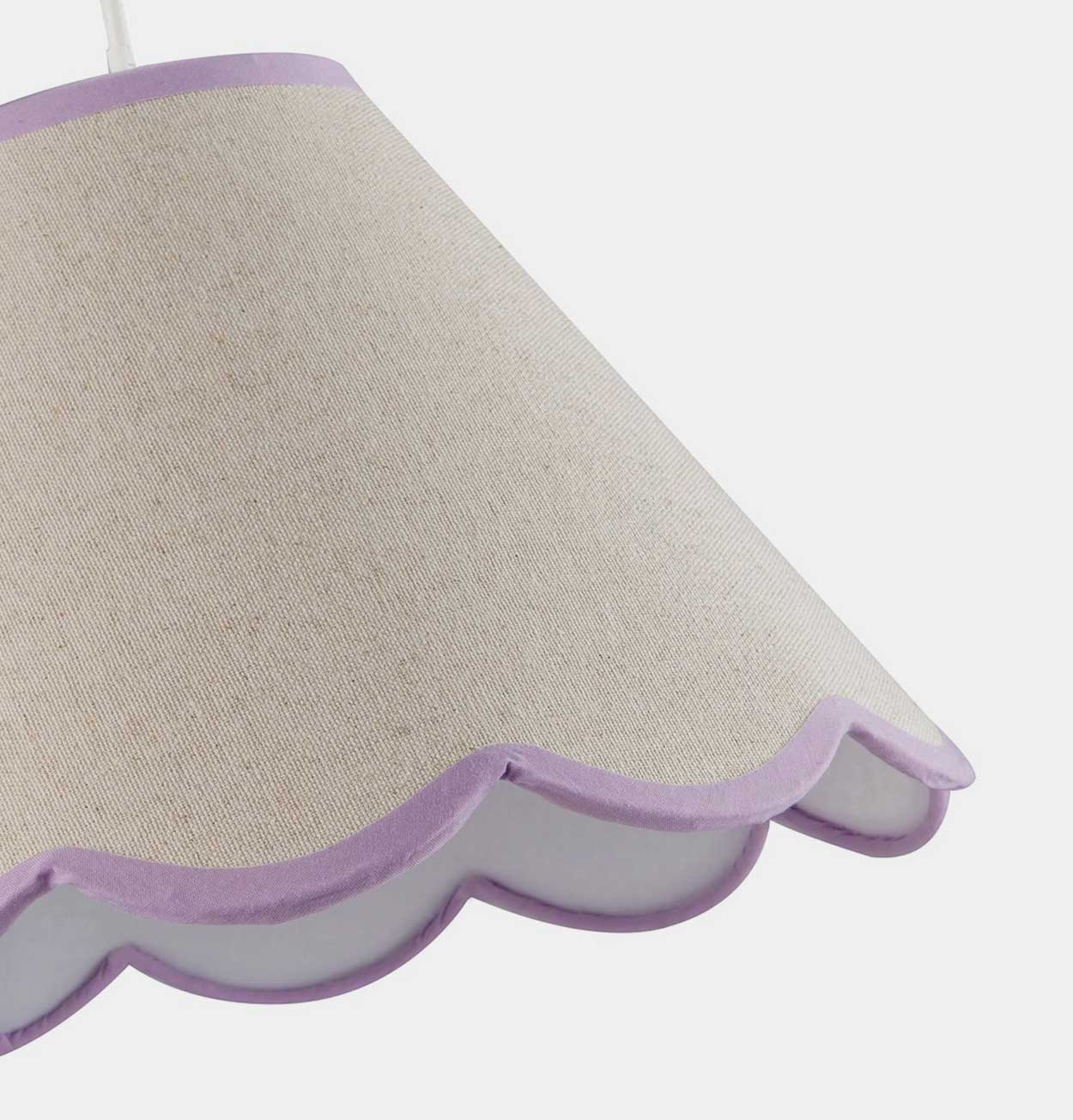 Scallop Edge Natural Linen Lampshade with Lilac Trim